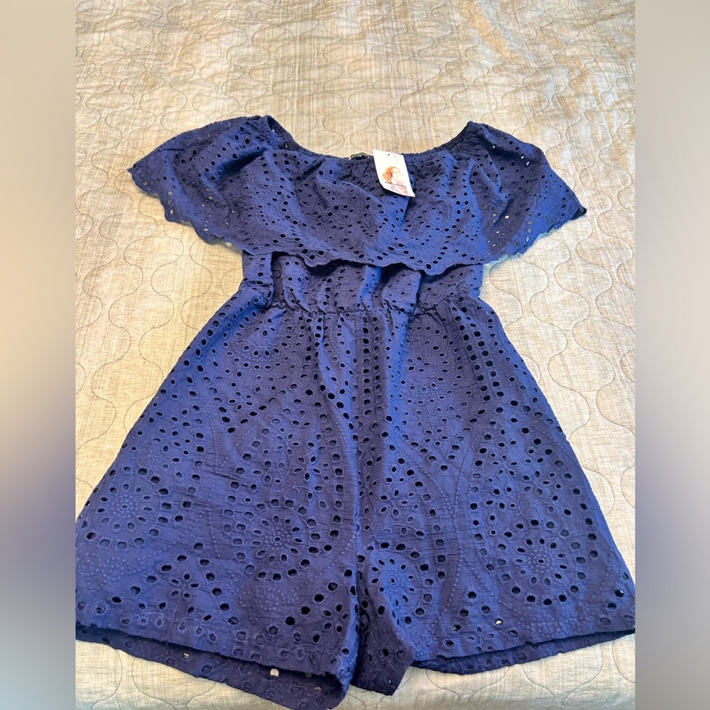 PrettyGarden Women's Embroidery Off Shoulder Romper- Medium - navy blue